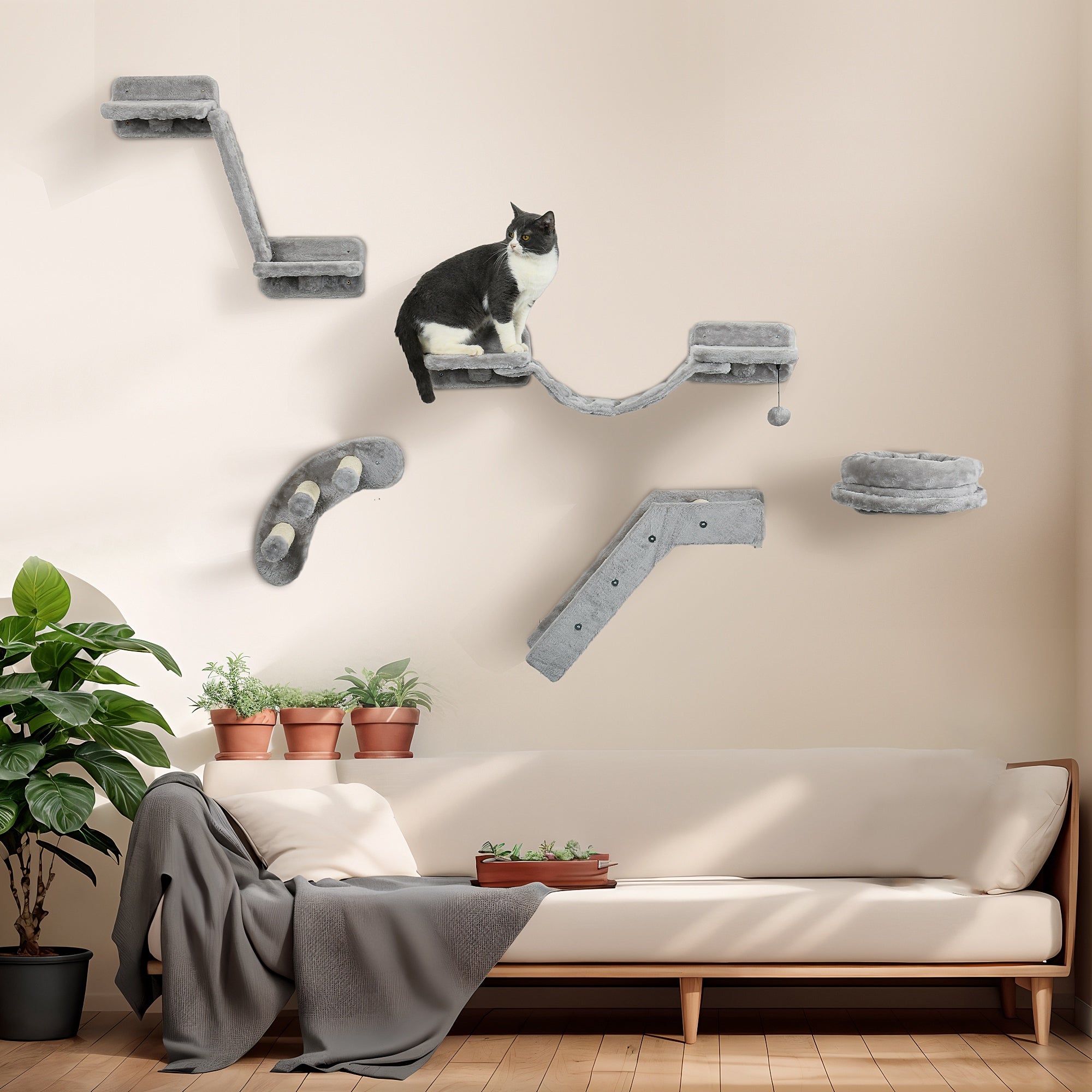 5PCs Cat Wall Shelves with Scratching Post, Ladder, Cat Bed, Jumping Platform, Perches, Toy Ball, Step Cat Climbing Wall at Gallery Canada