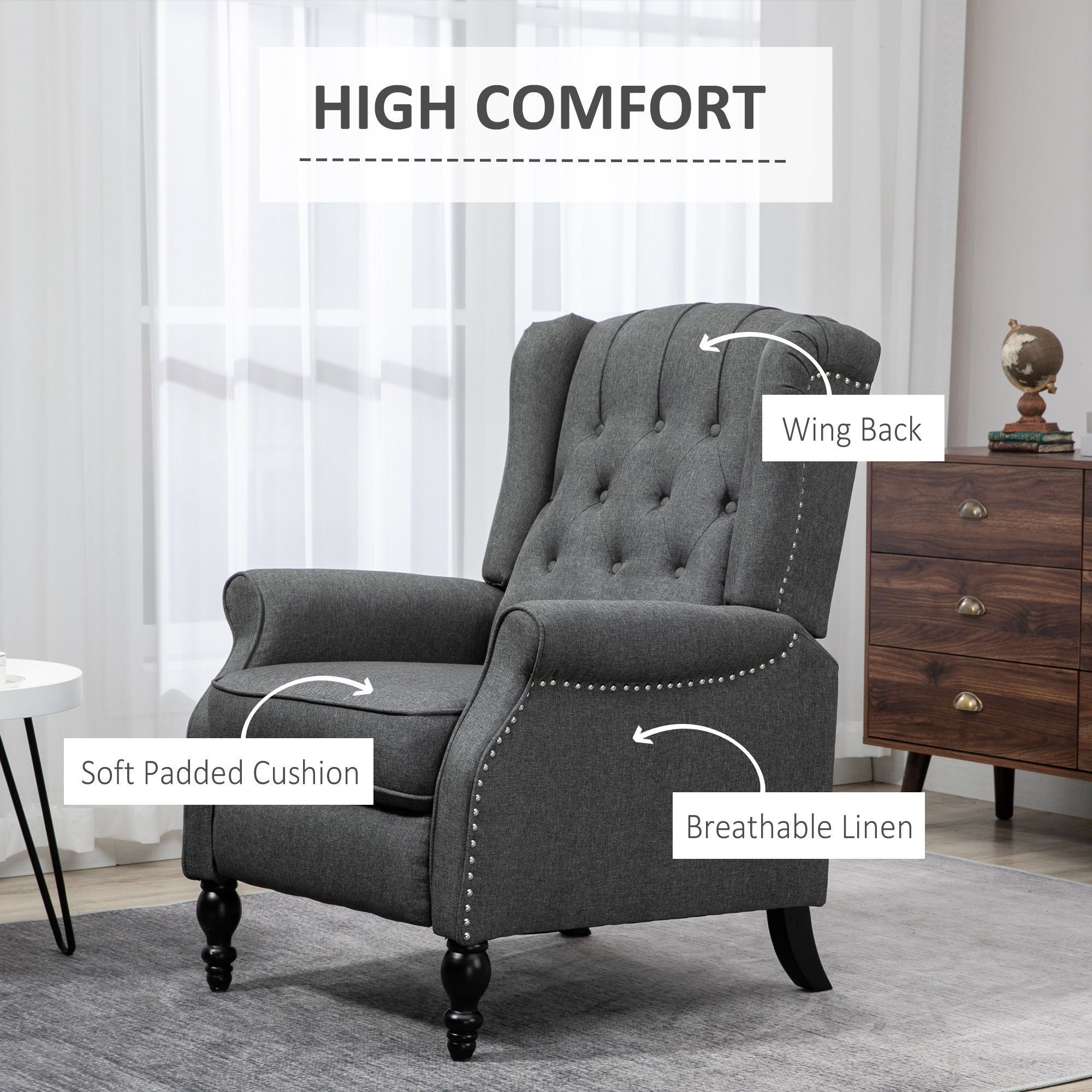 Wingback Reclining Chair with Footrest, Button Tufted Recliner Chair with Rolled Armrests for Living Room, Dark Grey Single Sofas   at Gallery Canada