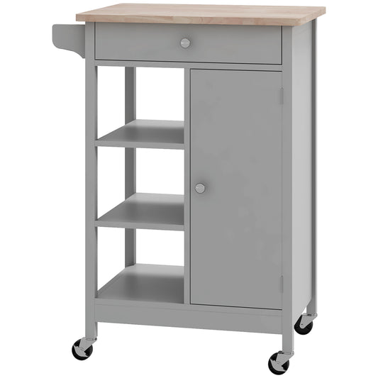 Modern Rolling Kitchen Island Cart with Drawer, Natural Wood Top, Towel Rack, Door Storage Cabinet, Grey Kitchen Islands & Kitchen Carts   at Gallery Canada