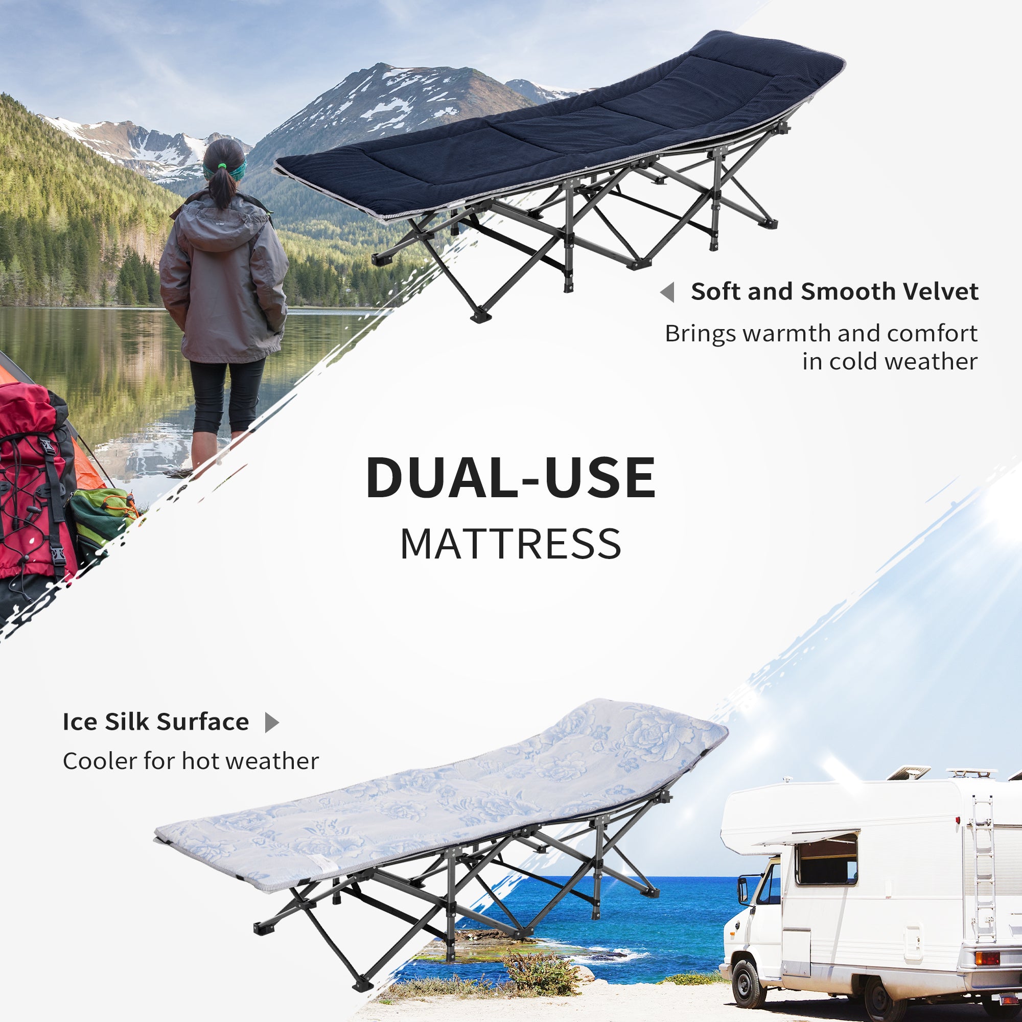 Folding Camping Cot with Mattress &; Pillow, Double Layer Oxford Heavy Duty Sleeping Cot with Carry Bag Grey and Blue Camping Cots at Gallery Canada