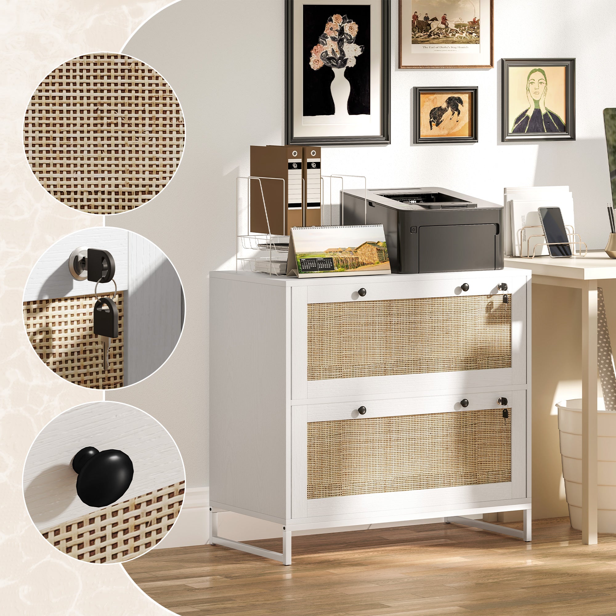 2-Drawer Filing Cabinet with Lock, Rattan File Cabinet with Adjustable Hanging Bar, White Office Cabinets & Cupboards at Gallery Canada
