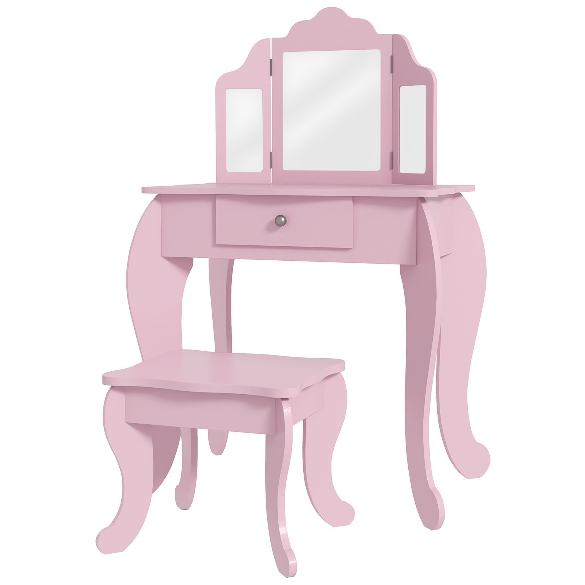 Kids Vanity Table and Stool, Makeup Vanity Girls Dressing Table Set with Tri-folding Mirrors Drawer Star and Heart Pattern, Pink Kids Bedroom Furniture at Gallery Canada
