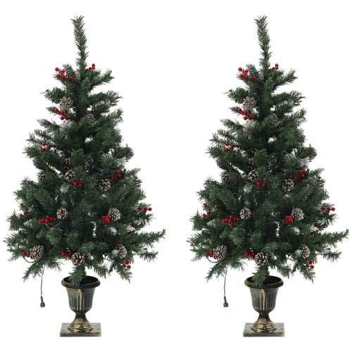 4FT Pre-Lit Decorated Christmas Tree with Red Berries and Pine Cones Snow Flocked Christmas Tree with LED Lights Green