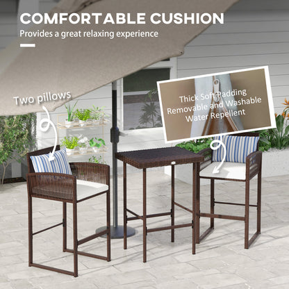 3-Piece Wicker Bar Set, Patio Bar Table Chair with Cushions, for Poolside, 25.2" x 19.3" x 37", White Bistro Sets   at Gallery Canada