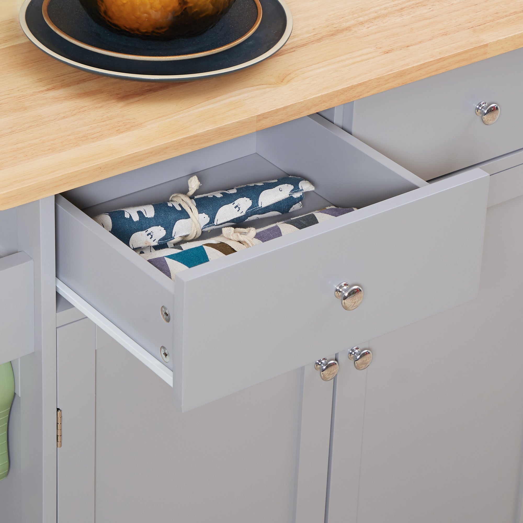 Rolling Kitchen Island with Storage, Kitchen Cart with Rubber Wood Top, Adjustable Shelf, Towel Rack, Hooks and Storage Drawers, Grey Kitchen Islands & Kitchen Carts   at Gallery Canada