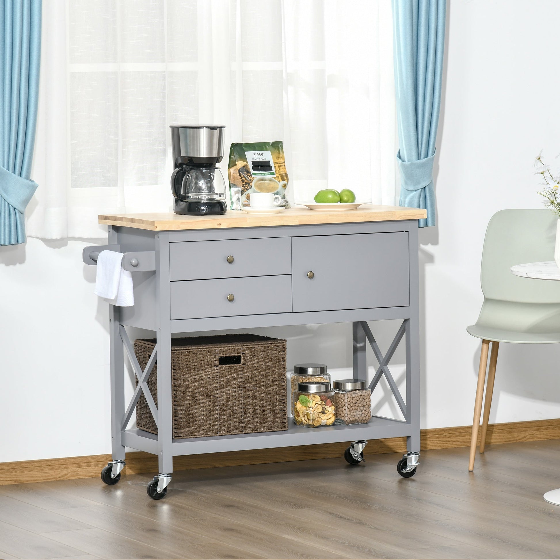 Utility Kitchen Cart Rolling Kitchen Island Storage Trolley with Rubberwood Top, 2 Drawers, Towel Rack, Gray - Gallery Canada