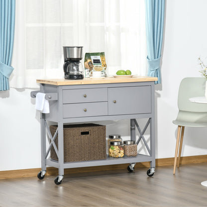 Utility Kitchen Cart Rolling Kitchen Island Storage Trolley with Rubberwood Top, 2 Drawers, Towel Rack, Gray Kitchen Islands & Kitchen Carts   at Gallery Canada