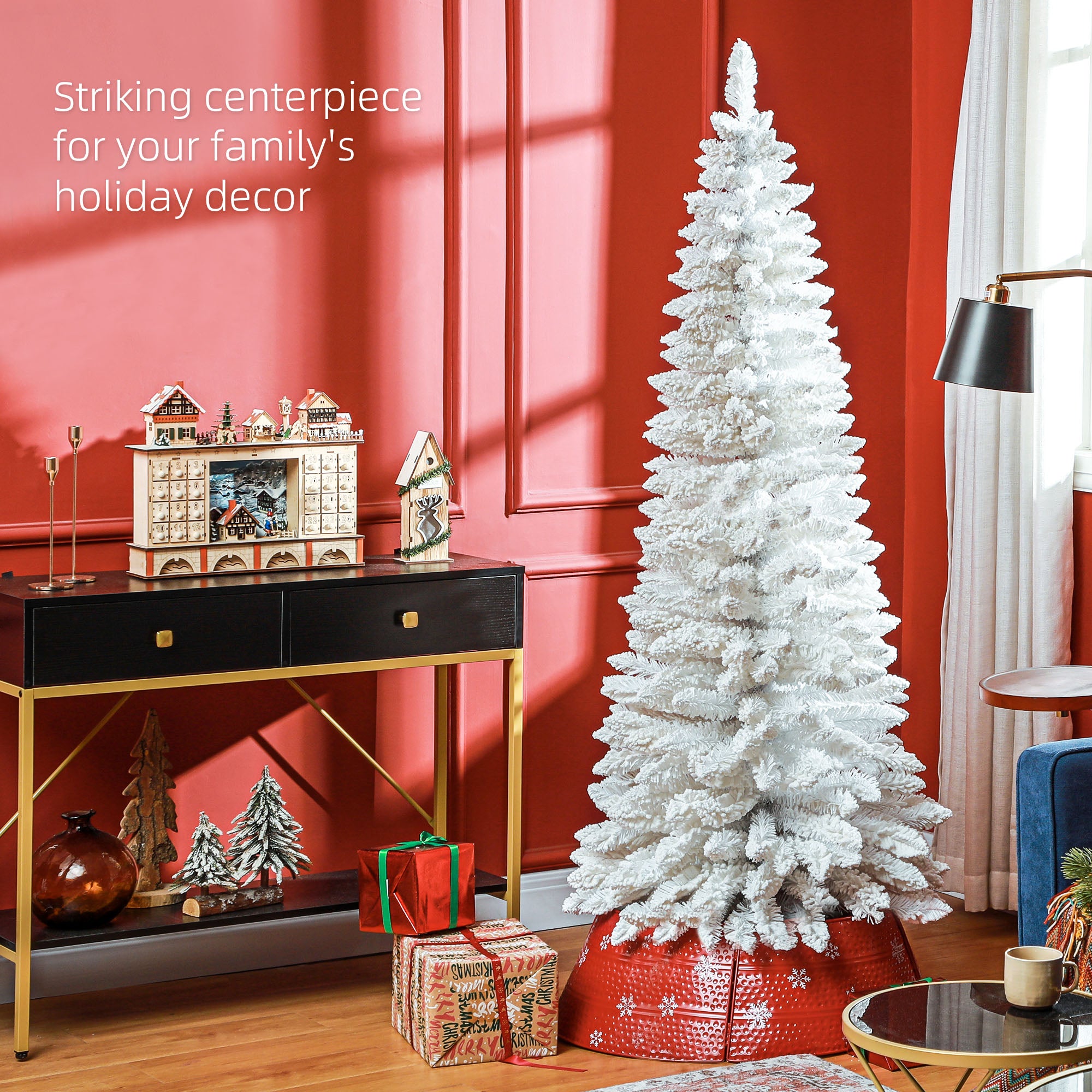 6ft White Christmas Tree, Flocked Pencil Christmas Tree with 376 Branch Tips and Metal Base for Home, Indoor, Holiday Pencil Christmas Trees   at Gallery Canada