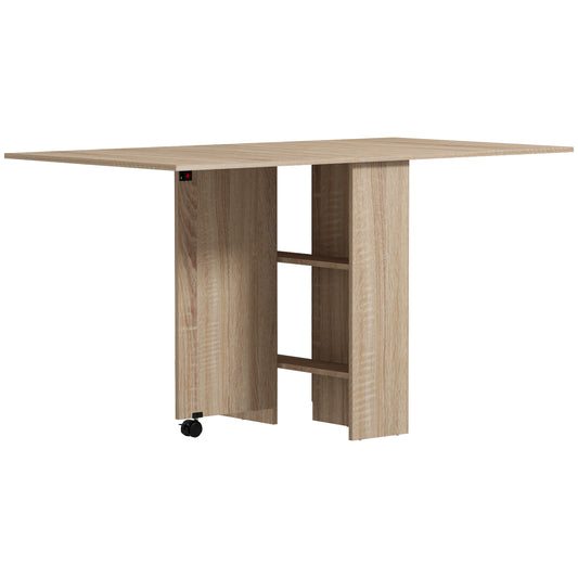 Extendable Dining Table, Collapsible Folding Table w/ 2-tier Shelves and Rolling Casters, Nature Wood Dining Tables   at Gallery Canada