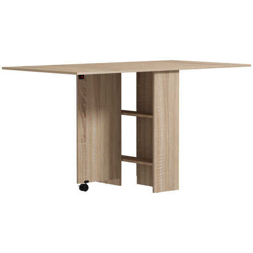 Extendable Dining Table, Collapsible Folding Table w/ 2-tier Shelves and Rolling Casters, Nature Wood