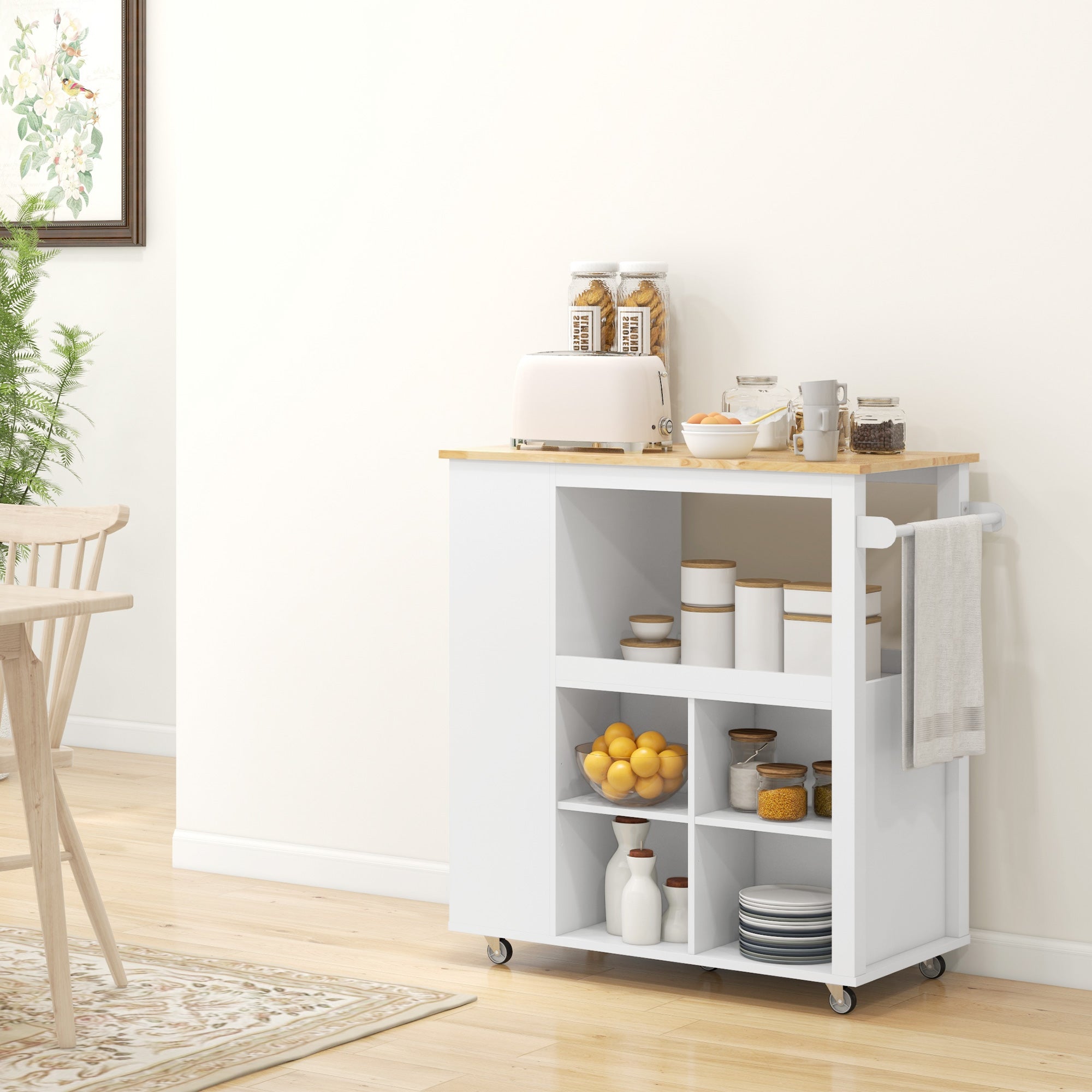 Kitchen Island Table Kitchen Cart with Rubberwood Top, Adjustable Shelves, Knife Rack, Towel Rack, Cabinet, White Kitchen Islands & Kitchen Carts at Gallery Canada
