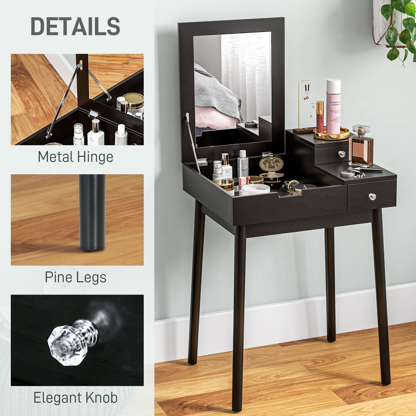 Makeup Vanity Table with Flip-up Mirror, Modern Dressing Table with 2 Drawers for Bedroom, Black Dressing & Vanity Tables   at Gallery Canada