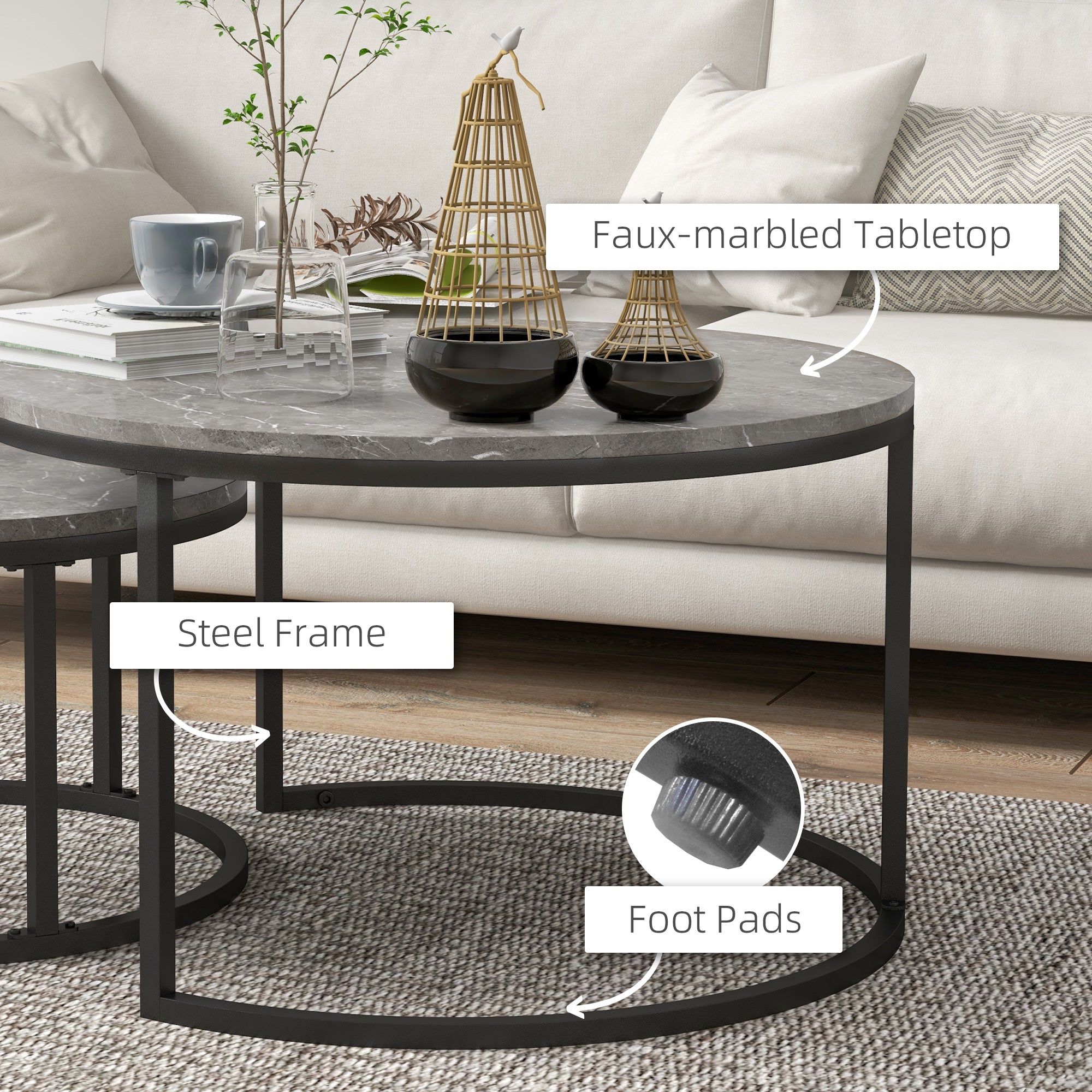 Modern Coffee Table Set of 2, Nesting Side Tables w/ Metal Base for Living Room Bedroom Office Faux Marbled Grey Coffee Tables   at Gallery Canada