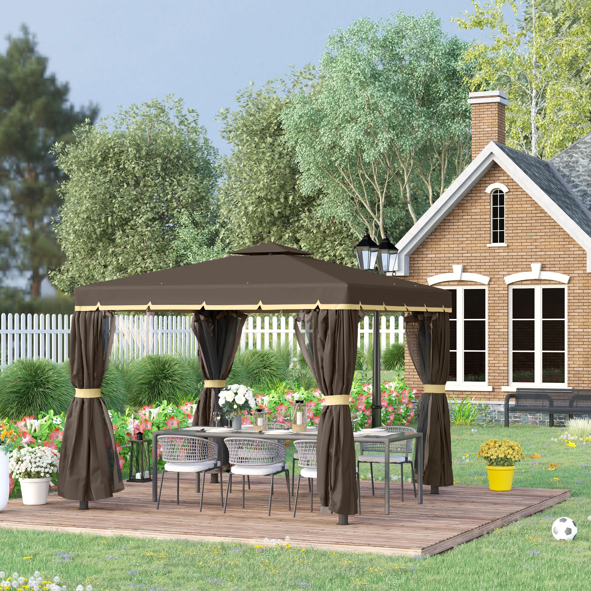 10' x 10' 2-Tier Outdoor Gazebo Canopy Tent with Zippered Mesh Sidewalls, Aluminum Frame for Patio, Backyard, Coffee Gazebos at Gallery Canada