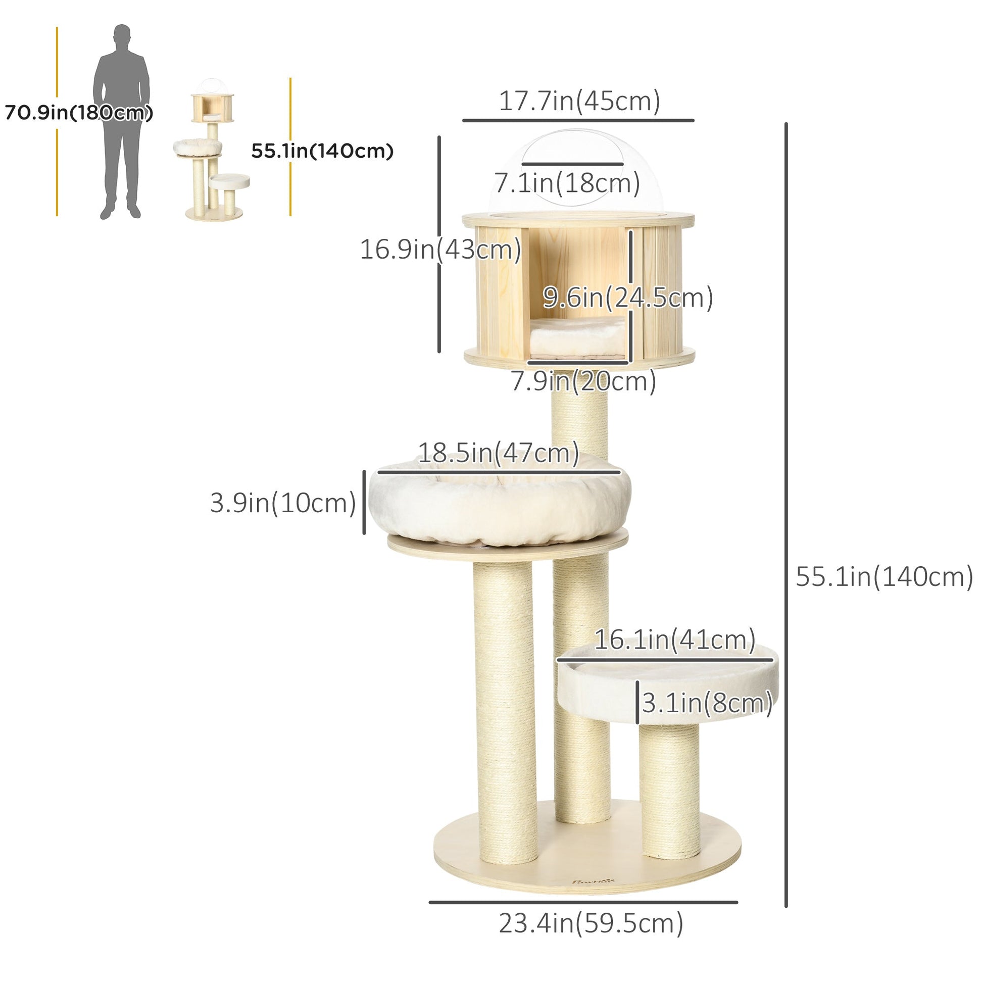 55" Cat Tree, Wood Cat Tower for Indoor Cats with Scratching Post, Condo Bed, Natural Cat Towers Multi Colour  at Gallery Canada