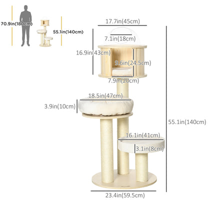 55" Cat Tree, Wood Cat Tower for Indoor Cats with Scratching Post, Condo Bed, Natural Cat Towers Multi Colour  at Gallery Canada