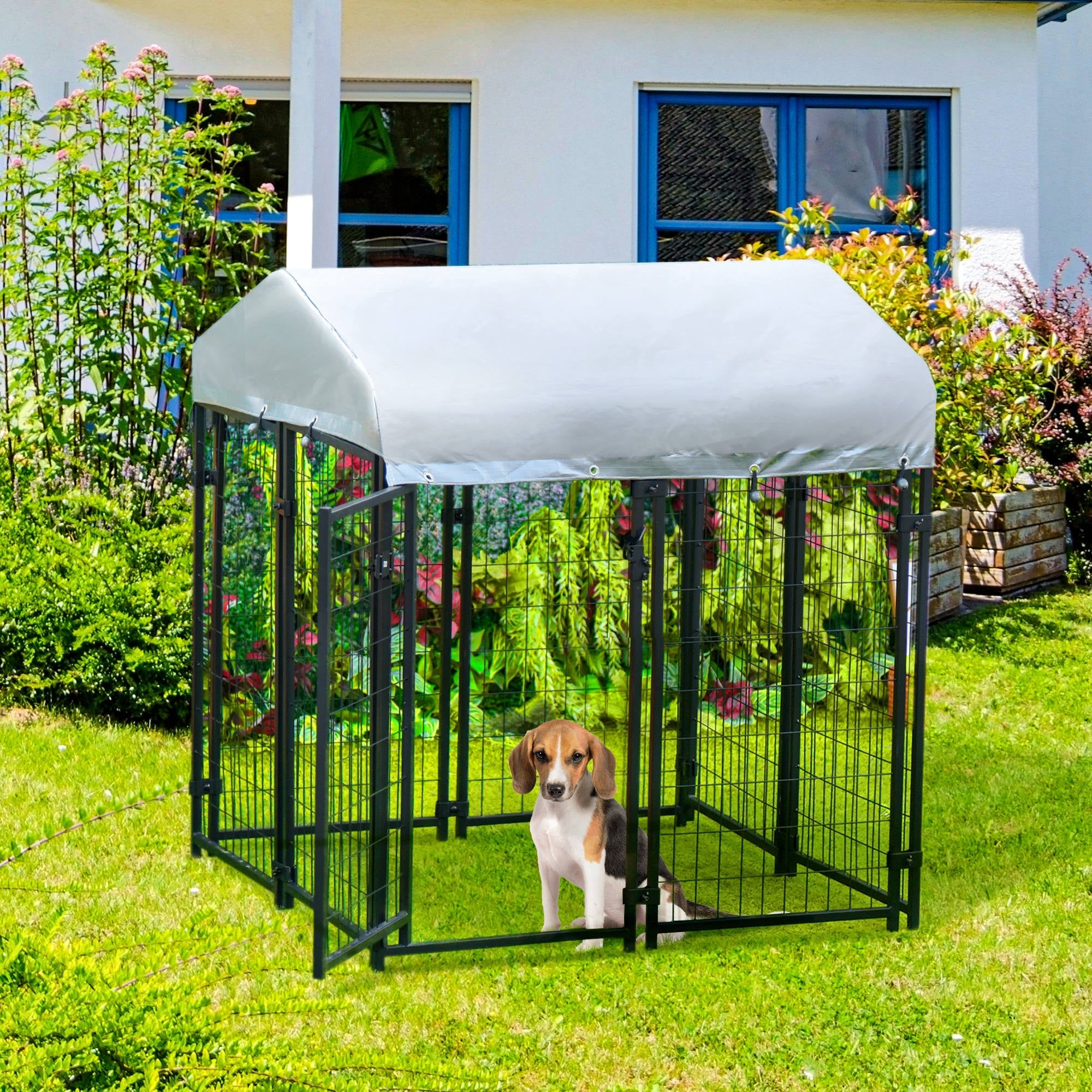 4' x 4' x 4.5' Large Outdoor Dog Kennel Steel Fence with UV-Resistant Oxford Cloth Roof &; Secure Lock Houses, Kennels & Pens   at Gallery Canada