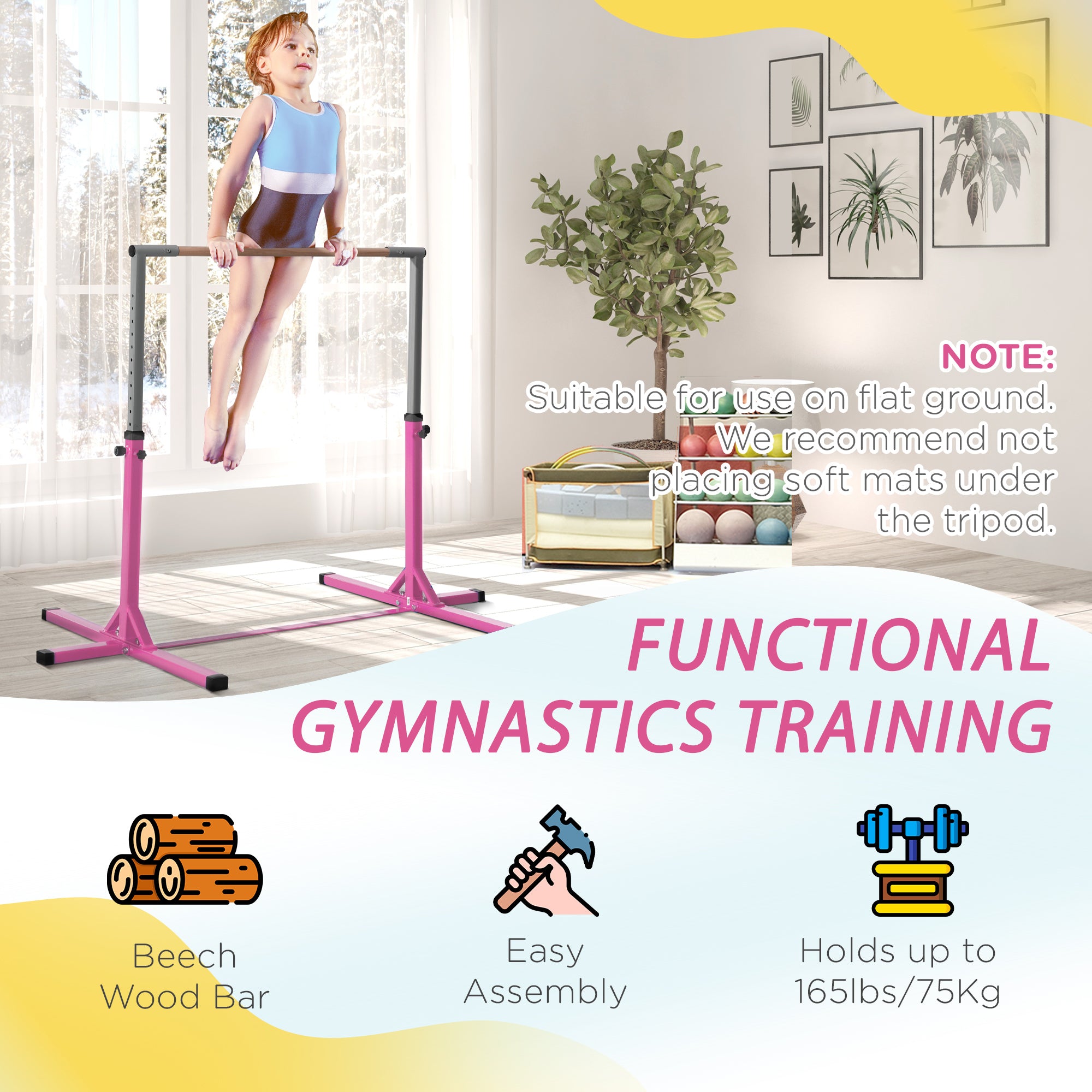 Professional Gymnastics Bar for Kids, Toddler Home Gymnastics Equipment with 13-level Adjustable Height, Pink Baby Gym & Playmats at Gallery Canada