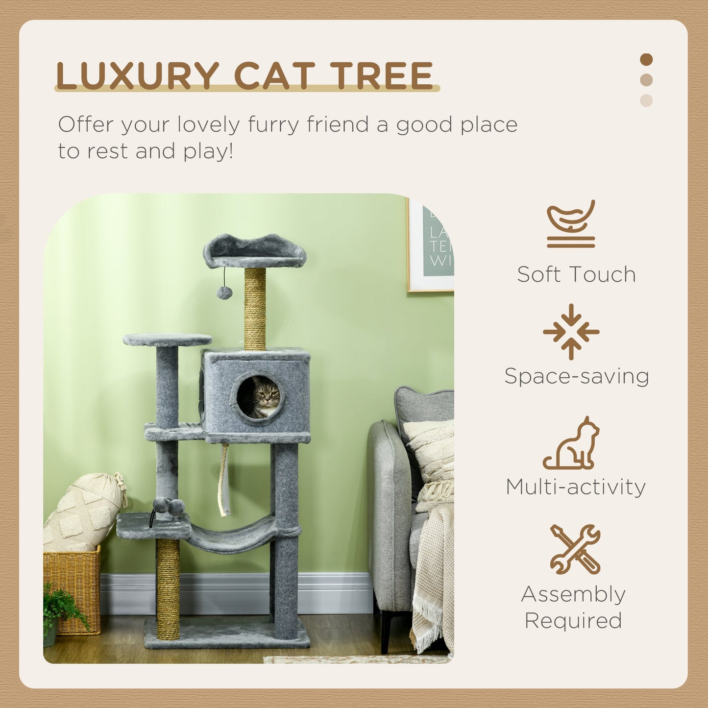 54" Cat Tree for Larger Cats Adult with Hammock, Tal Cat Tree Tower with Scratching Post, Condo, Platforms, Play Balls for Indoor Cats, Grey Cat Towers   at Gallery Canada