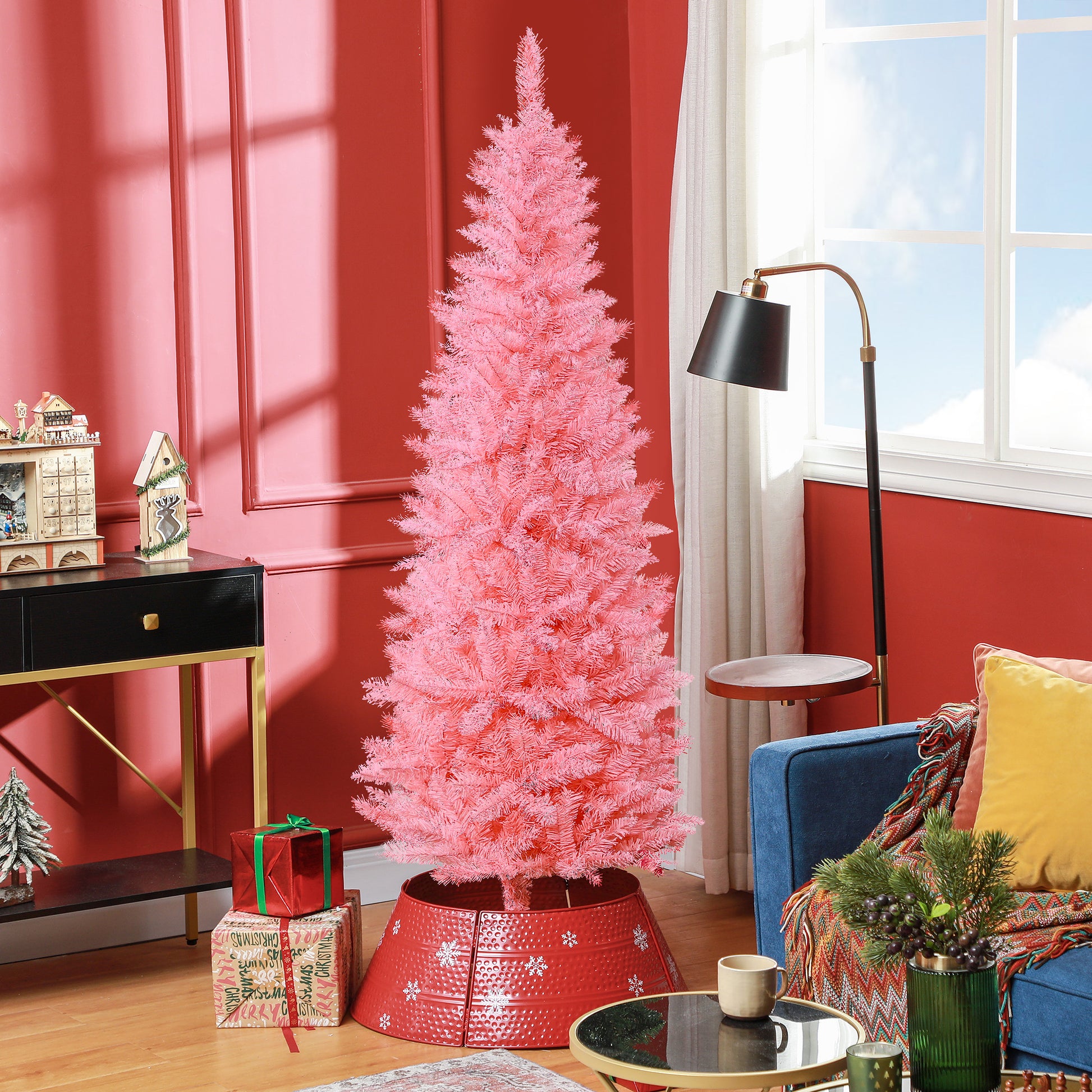 6ft Tall Pencil Artificial Christmas Tree with 479 Branch Tips with Steel Base, Pink Pencil Christmas Trees   at Gallery Canada