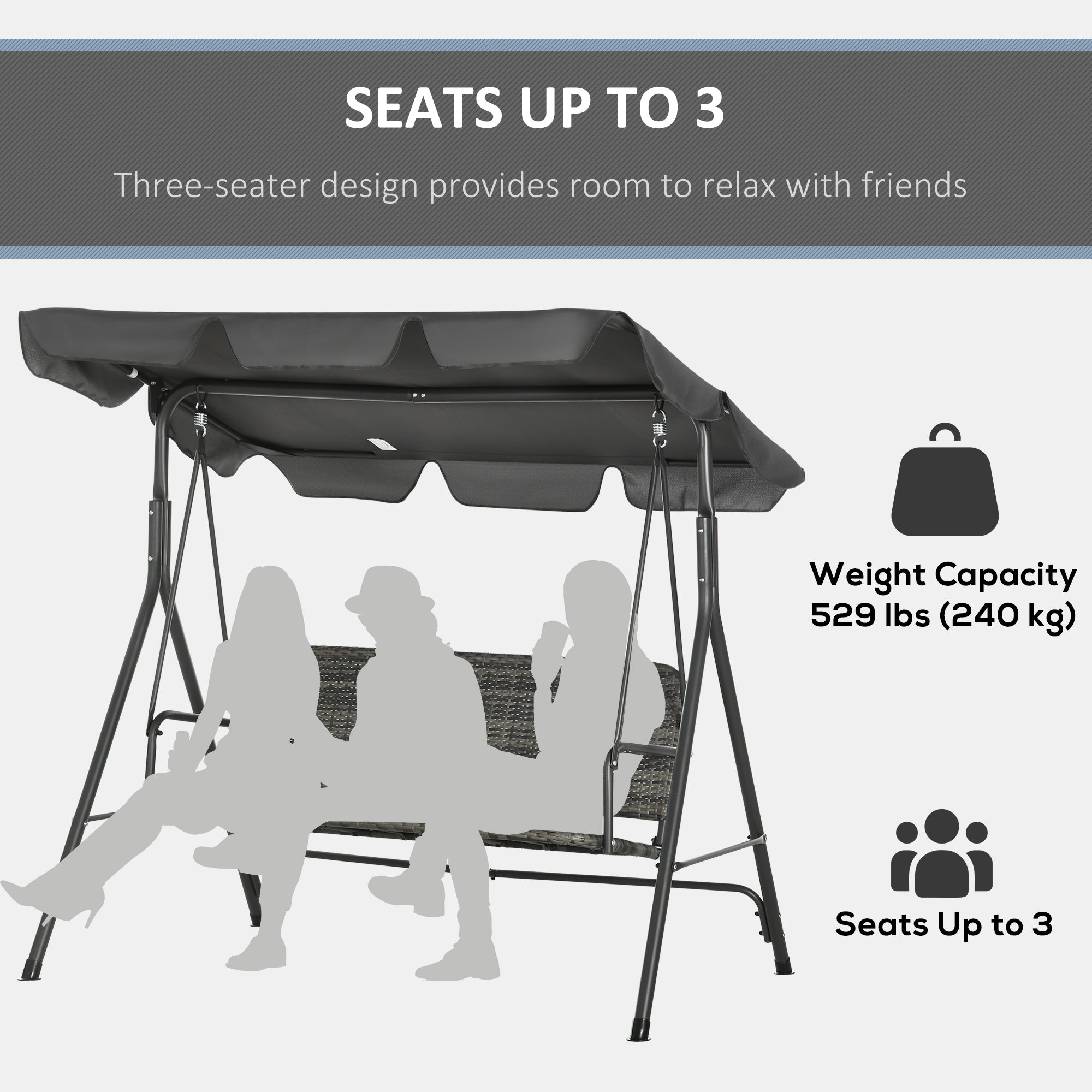 3 Seater Rattan Outdoor Patio Swing with Adjustable Canopy and Stand for Garden Porck Backyard, Grey Patio Swings with Stand at Gallery Canada