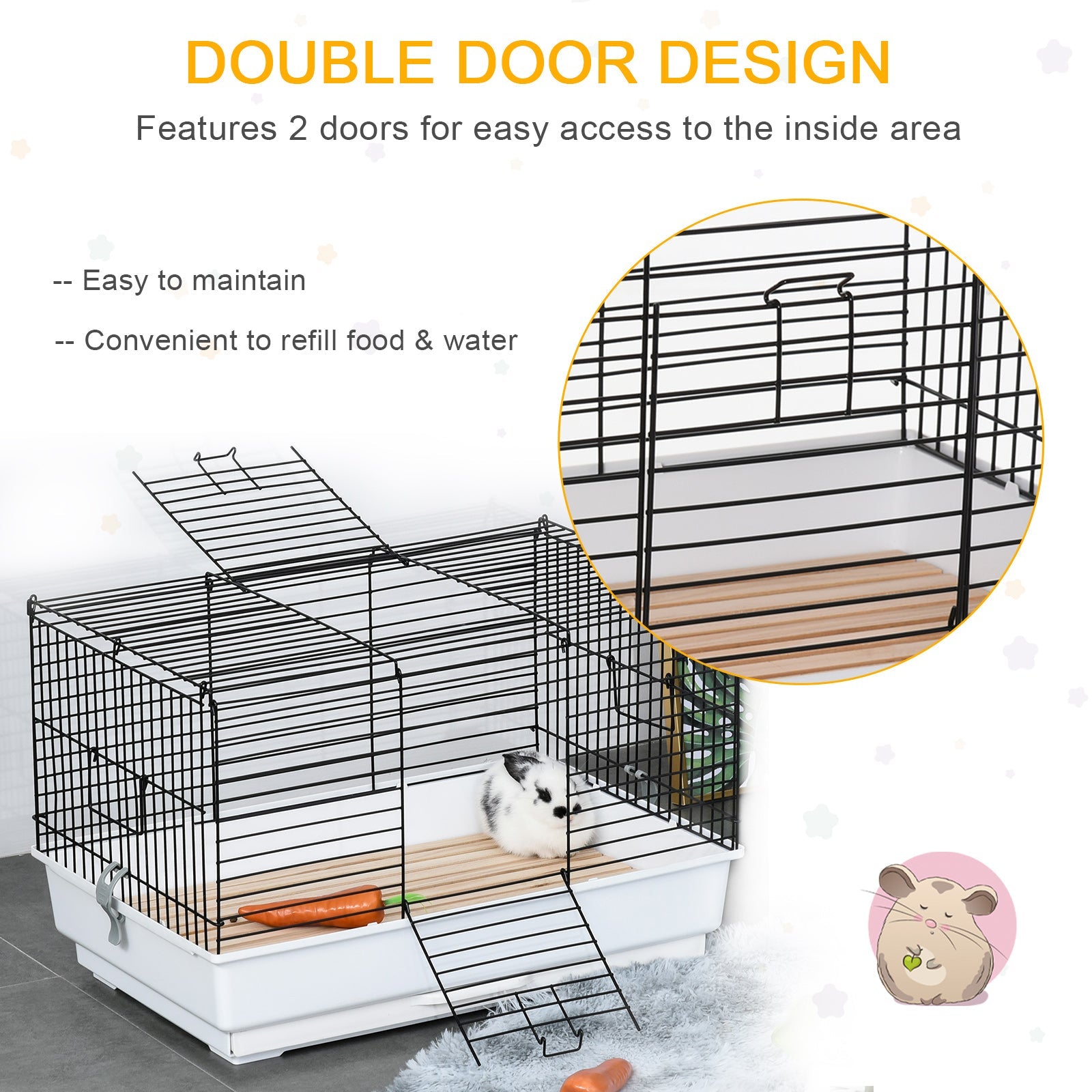 Small Animal Cage, Bunny Cage, Pet Pen with Sliding-out Trays, Bottom Wood Board, Doors, for Guinea Pigs, 24