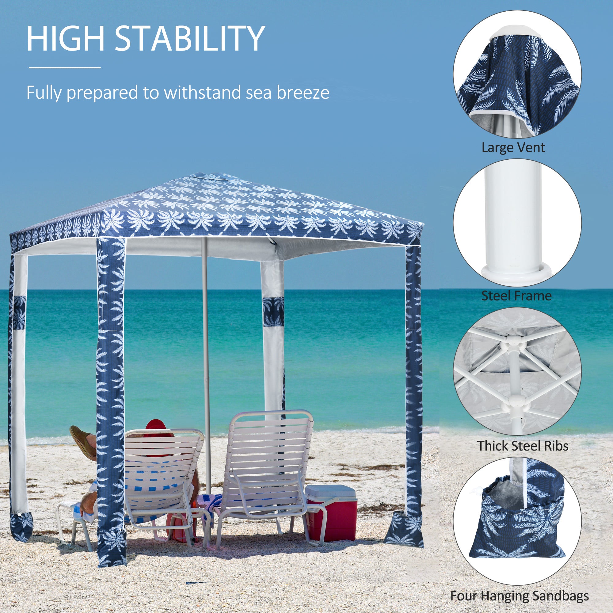 Beach Umbrella, 6.5' Easy-Assembly Sun-Shade Shelter with Sandbags and Carry Bag, Cool UV50+, Dark Blue Beach Umbrellas at Gallery Canada