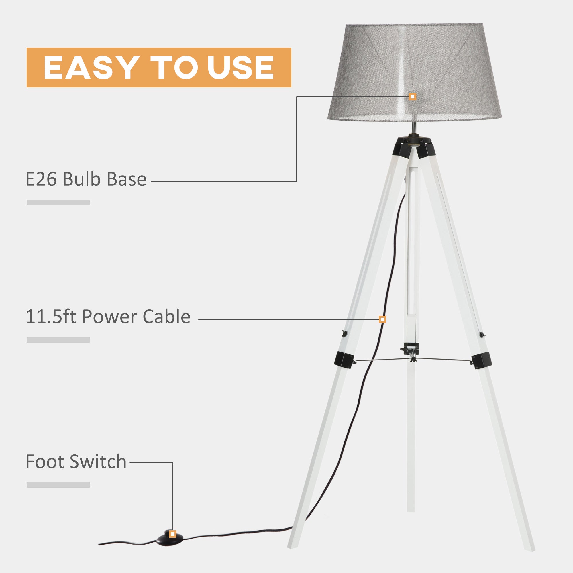 Tripod Floor Lamp, Adjustable Height Wooden Standing Lamp with E26 Lamp Base for Living Room, Bedroom, White and Grey Floor Lamps & Ceiling Fan Lights at Gallery Canada