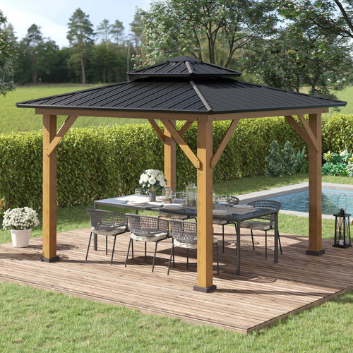 11' x 11' Wood Frame Hardtop Gazebo Galvanized Steel Canopy Outdoor Shelter with Double Vented Roof for Garden, Lawn, Poolside, Black