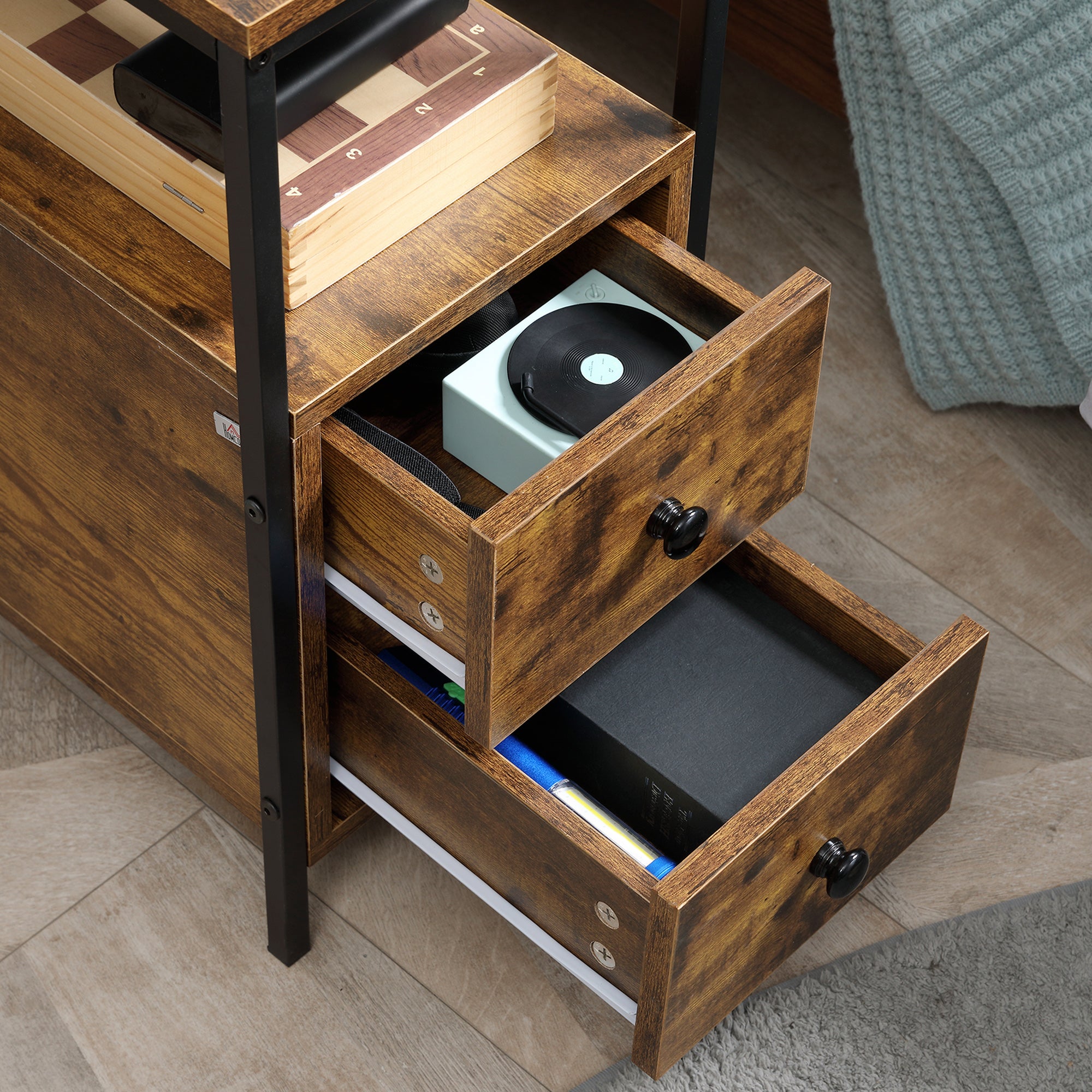 Side Table with 2 Drawers and Storage Shelf, Narrow End Table Nightstand with Metal Frame for Small Spaces, Rustic Brown Side Tables   at Gallery Canada