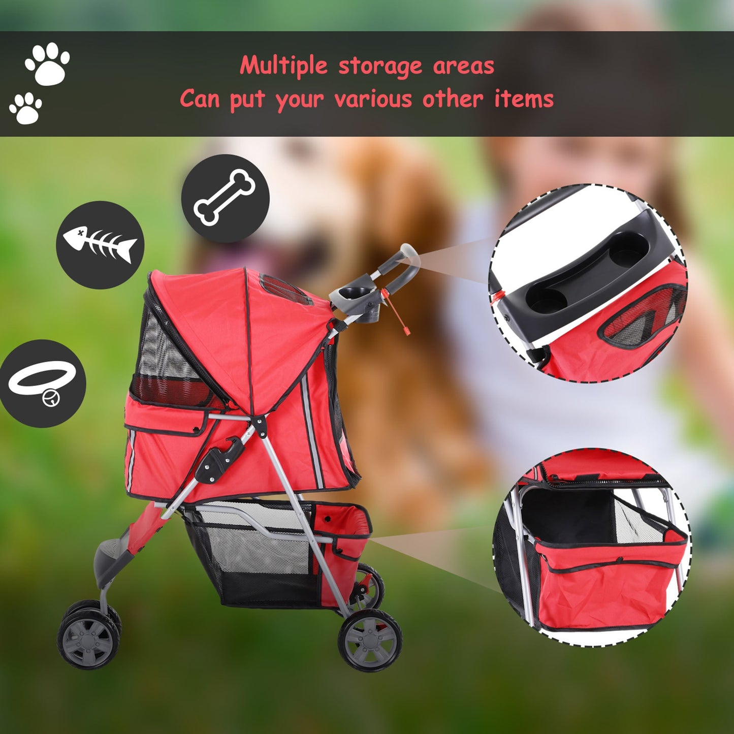 Deluxe 3 Wheels Pet Stroller Foldable Dog Cat Carrier Strolling Jogger with Brake, Canopy, Cup Holders and Bottom Storage Space (Red) Dog Bike Trailers & Strollers   at Gallery Canada