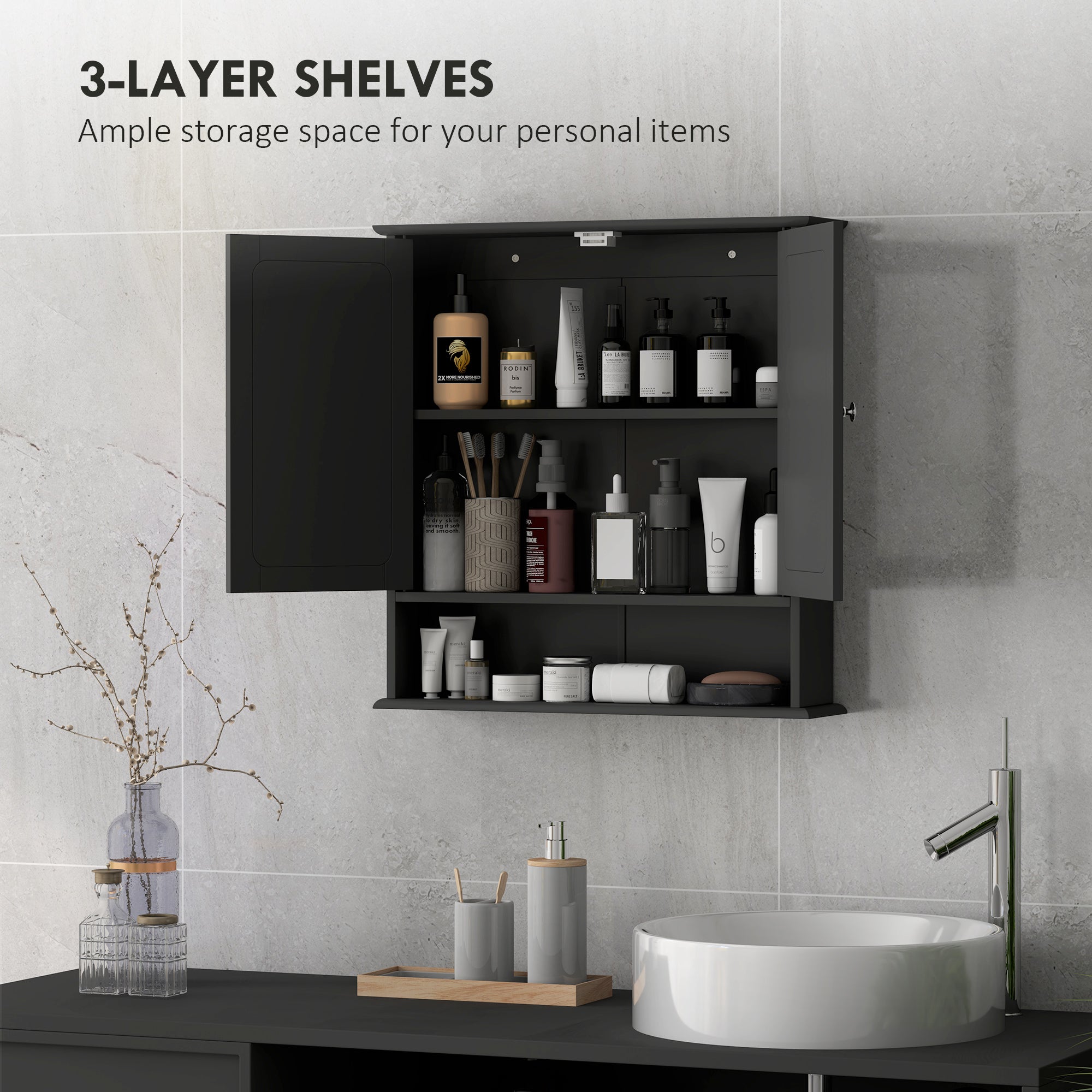 Medicine Cabinet, Wall-Mounted Bathroom Mirror Cabinet with Double Doors, Open Shelf, and Adjustable Shelf, Modern Bathroom Wall Cabinet, Black Mirror Medicine Cabinets at Gallery Canada