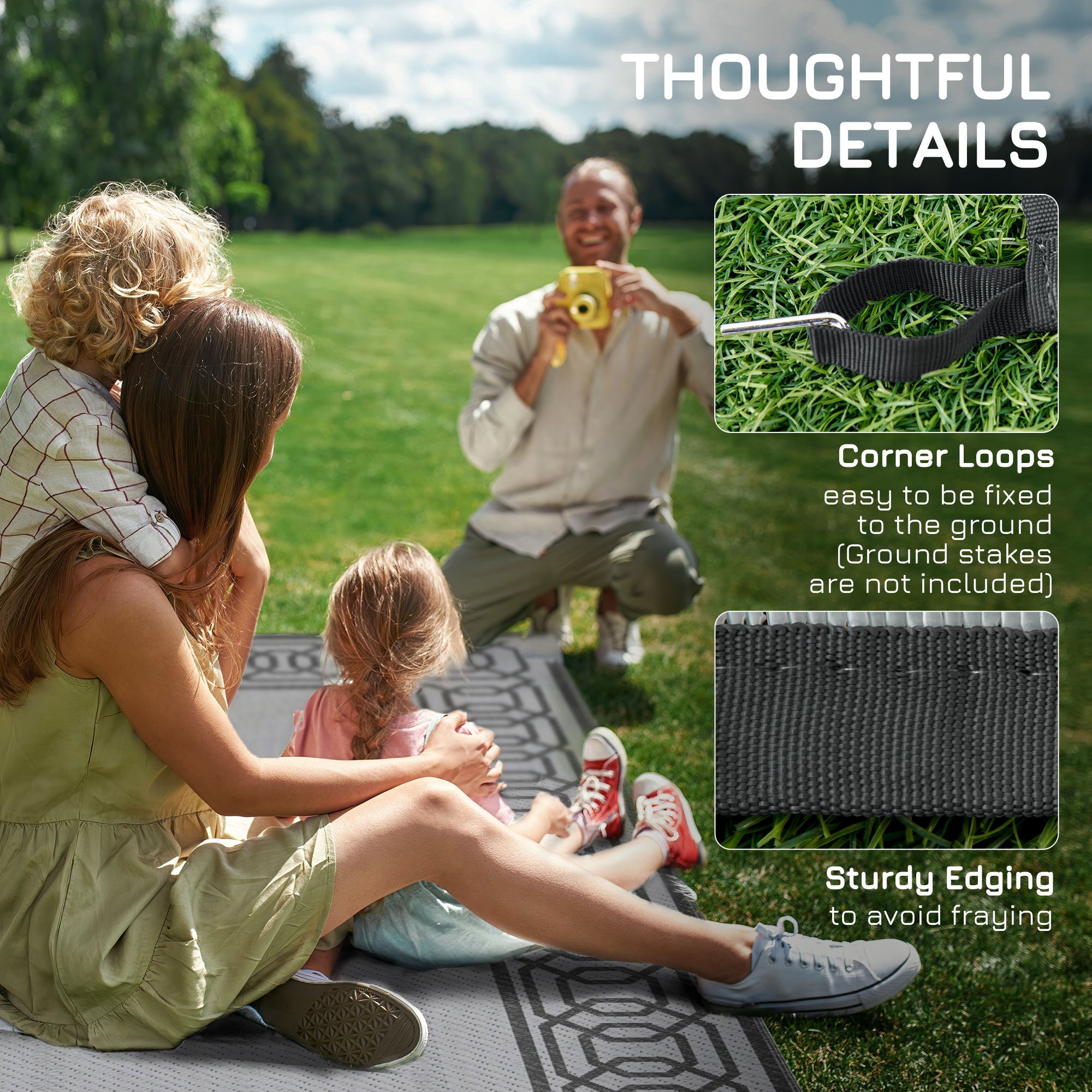 Portable Outdoor Rug with Carrying Bag, 9' x 18' Reversible Mat, Waterproof Plastic Straw RV Rug for Backyard, Deck, Picnic, Beach, Camping, Black and Grey Outdoor Reversible Rugs at Gallery Canada