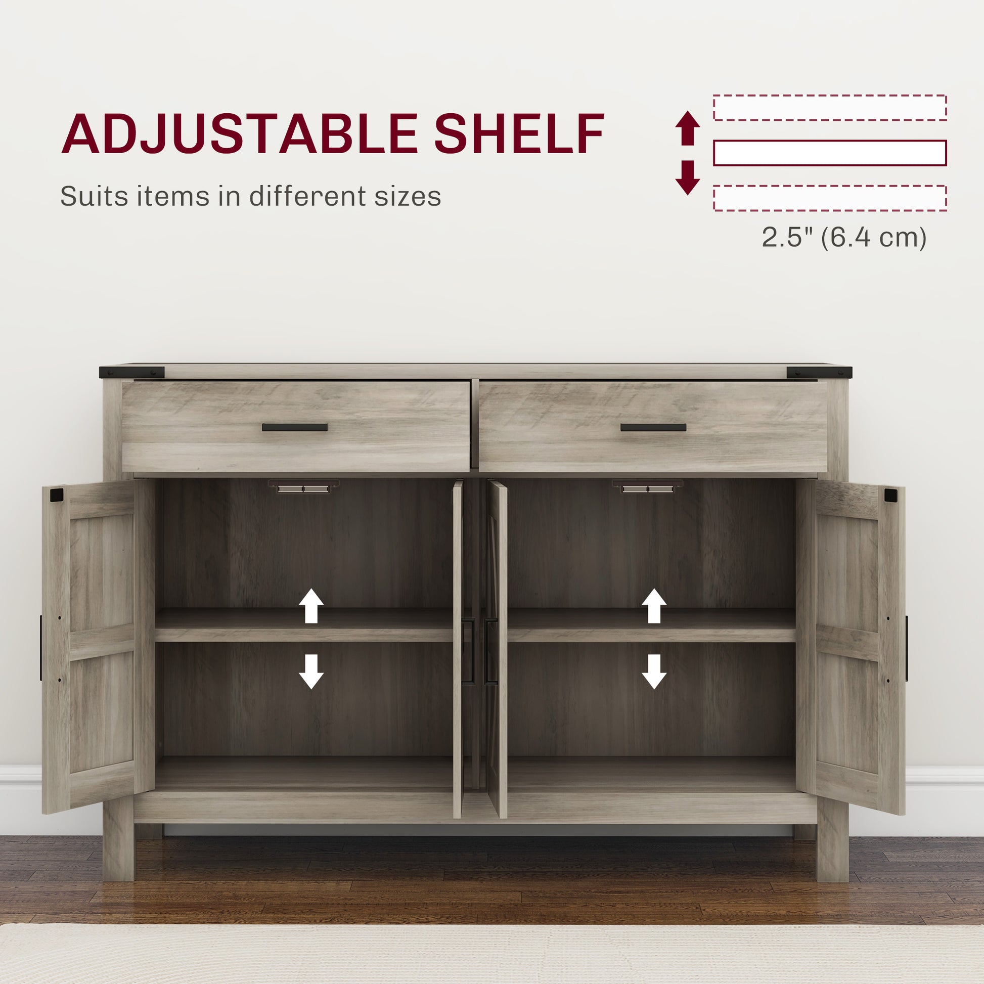 Farmhouse Buffet Cabinet Sideboard with 2 Drawers, 2 Storage Cabinets and Adjustable Shelves, Grey Bar Cabinets   at Gallery Canada