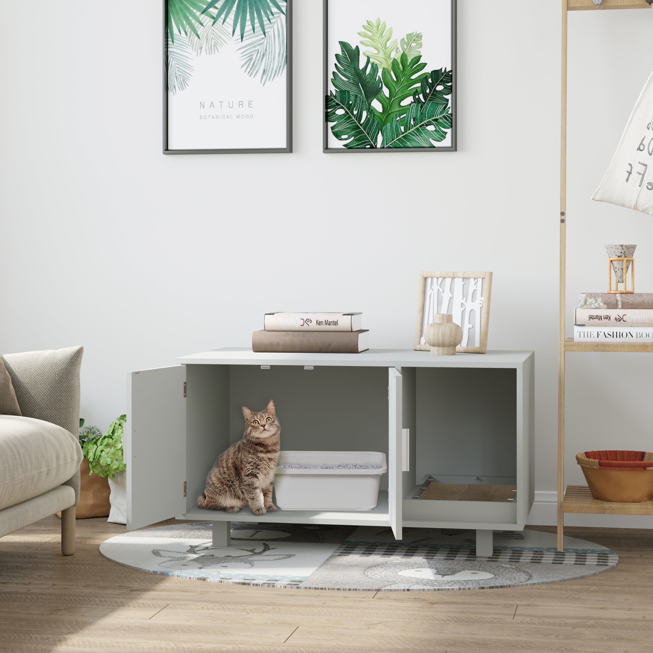 Wooden Cat Washroom Pet Litter Box Enclosure Kitten House Nightstand End Table with Scratcher Magnetic Doors Grey Cat Litter Box Enclosures   at Gallery Canada