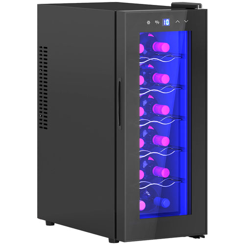 Wine Fridge, 12 Bottle, Under Counter Drinks Beer Wine Cooler with Glass Door, LED Light, Temperature Control