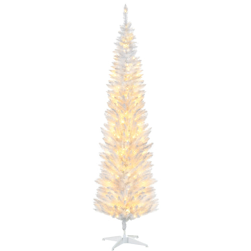 7' Pre Lit Artificial Pencil Christmas Trees, Xmas Tree with Realistic Branches and Warm White LED Lights, White