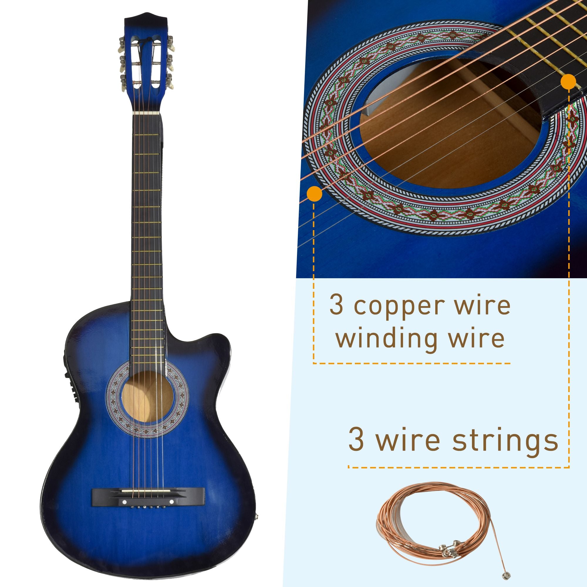 38 Inch Full Size Classical Acoustic Electric Guitar Premium Gloss Finish with Strings, Picks, Shoulder Strap and Case Bag, Blue Electronic Musical Pianos at Gallery Canada