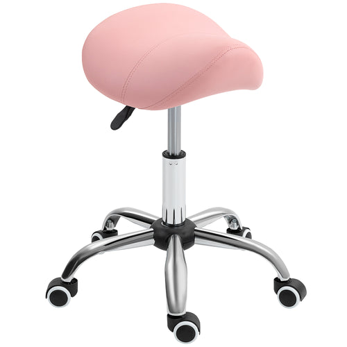 Cosmetic Stool 360° Rotate Height Adjustable Salon Massage Spa Chair Hydraulic Rolling Faux Leather Saddle Stool, Pink