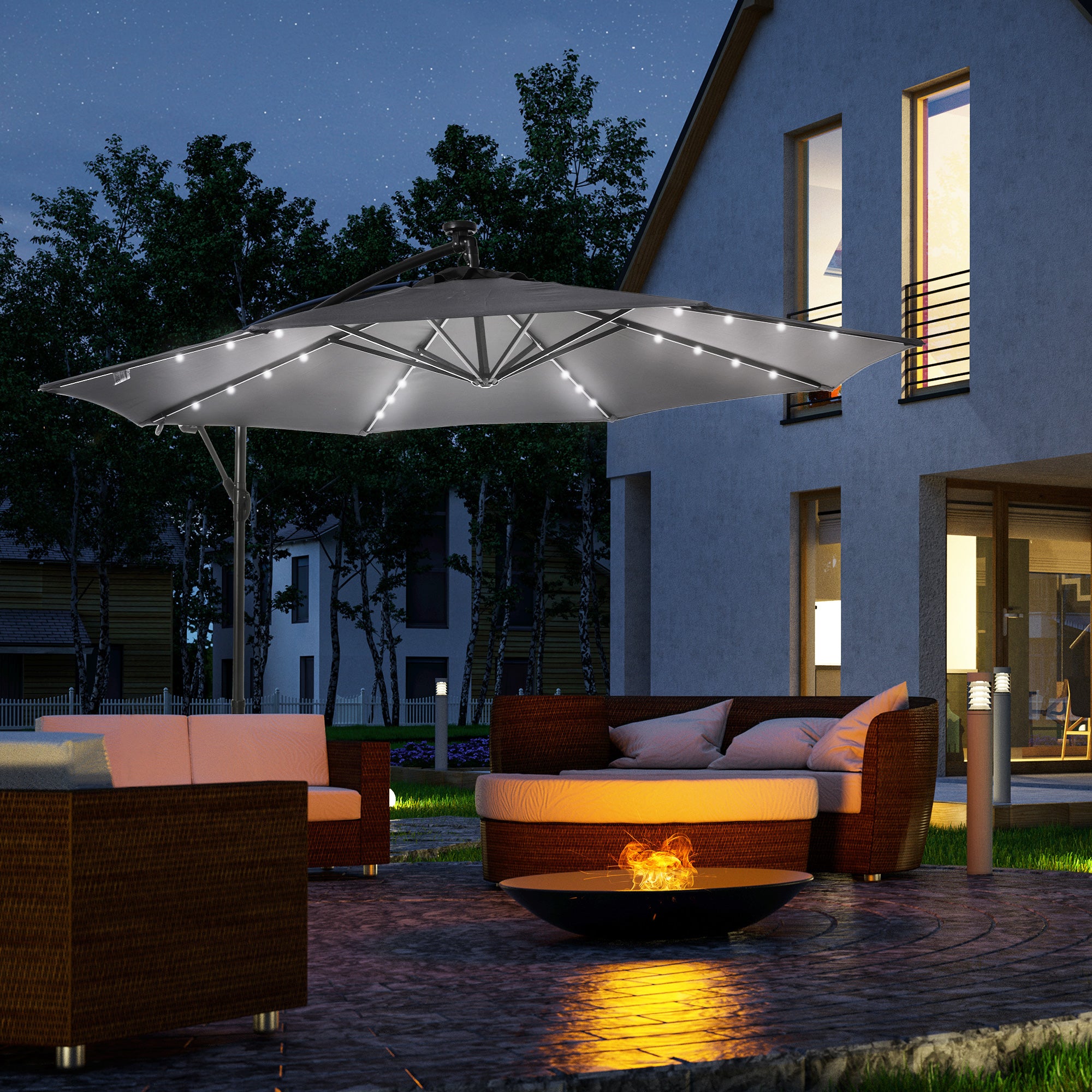 10ft Outdoor Cantilever Umbrella with Solar Lights, Banana Umbrella with Adjustable Angle for Patio, Backyard, Dark Gray Cantilever Umbrellas at Gallery Canada