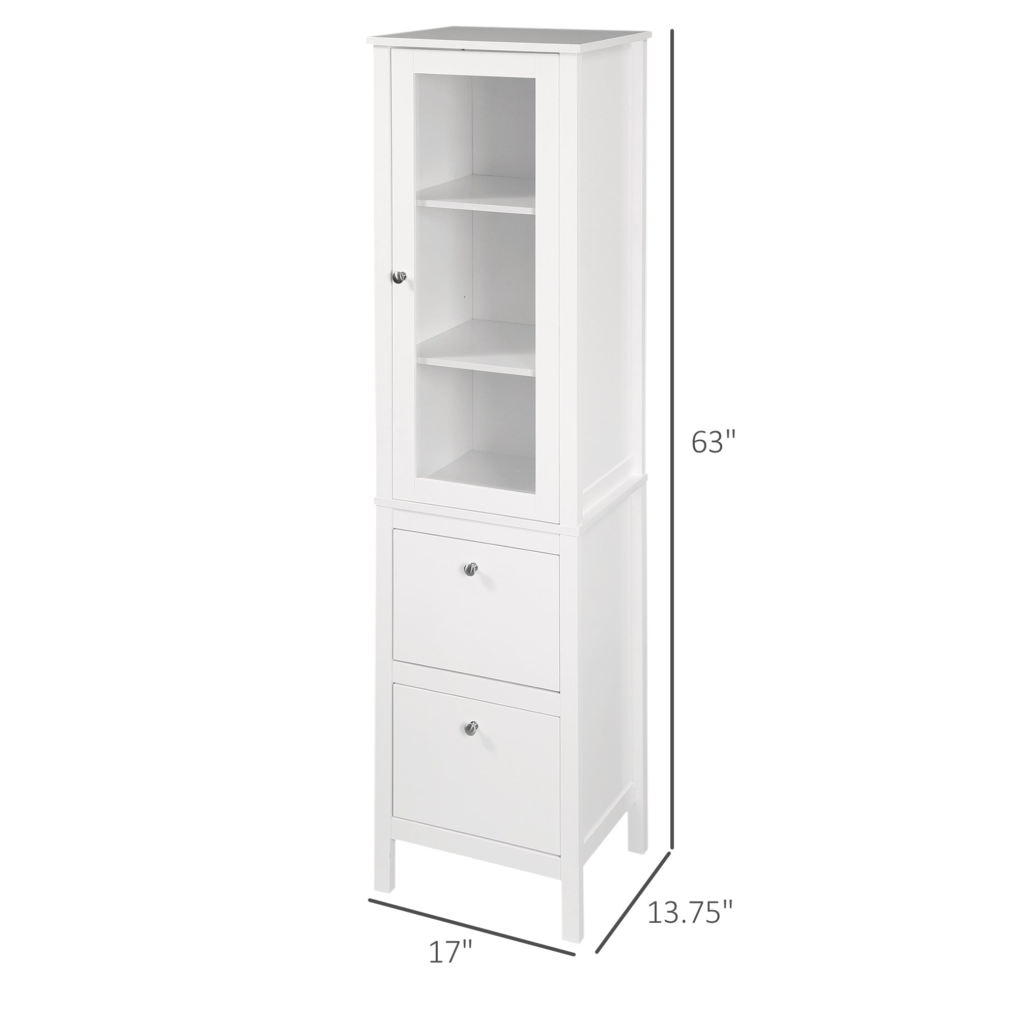 Tall Bathroom Cabinet with Tempered Glass Door, Storage Organizer, Freestanding Linen Tower with 2 Adjustable Shelves and 2 Drawers, White Bathroom Cabinets   at Gallery Canada