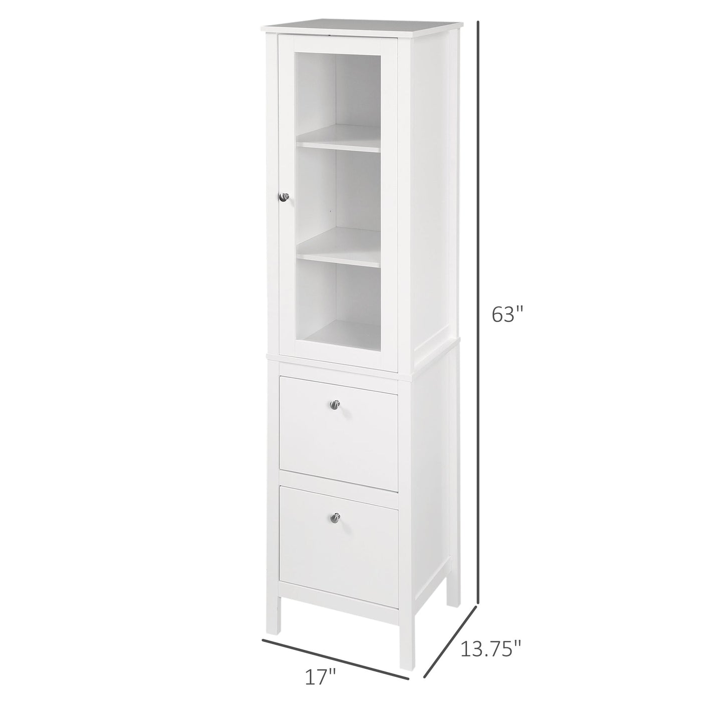 Tall Bathroom Cabinet with Tempered Glass Door, Storage Organizer, Freestanding Linen Tower with 2 Adjustable Shelves and 2 Drawers, White Bathroom Cabinets   at Gallery Canada