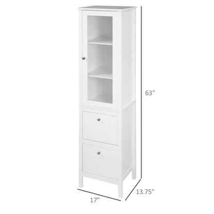 Tall Bathroom Cabinet with Tempered Glass Door, Storage Organizer, Freestanding Linen Tower with 2 Adjustable Shelves and 2 Drawers, White Bathroom Cabinets   at Gallery Canada