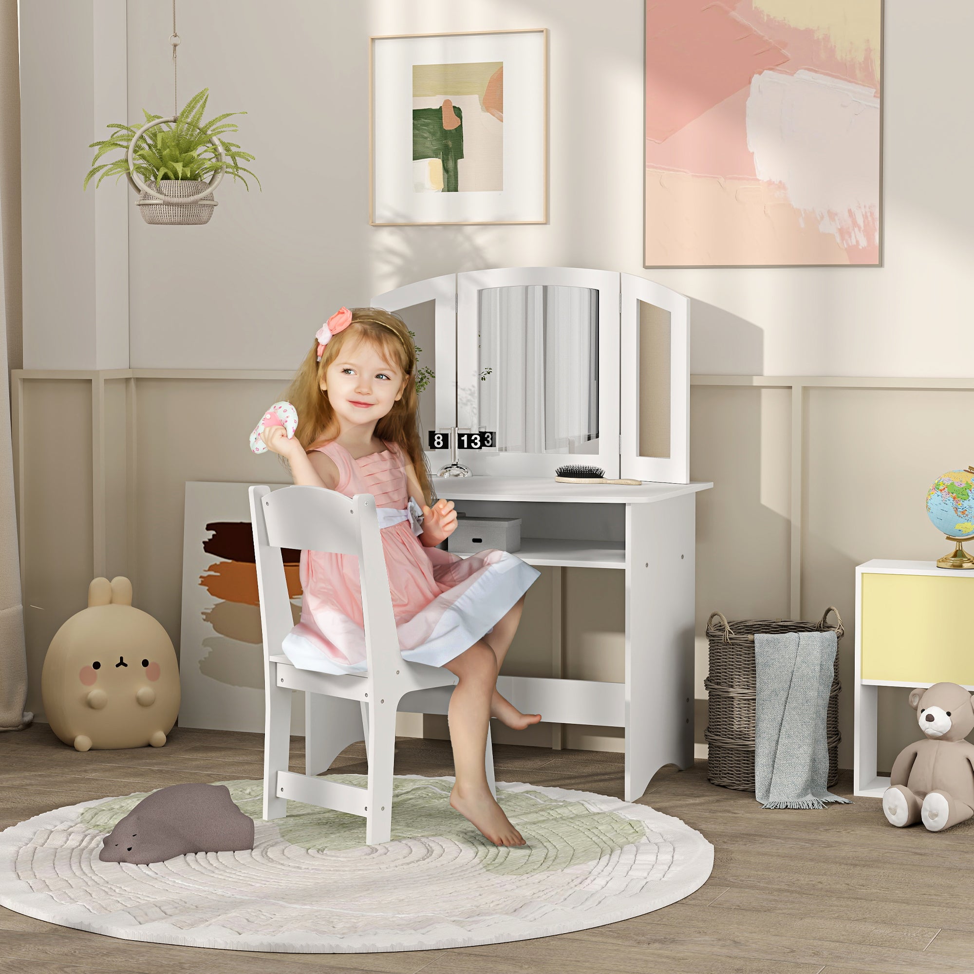 2 in 1 Kids Vanity Set Makeup Dressing Table Pretend Play Set with Tri-Folding Mirror, Stool, Storage Shelf Toy Vanity at Gallery Canada