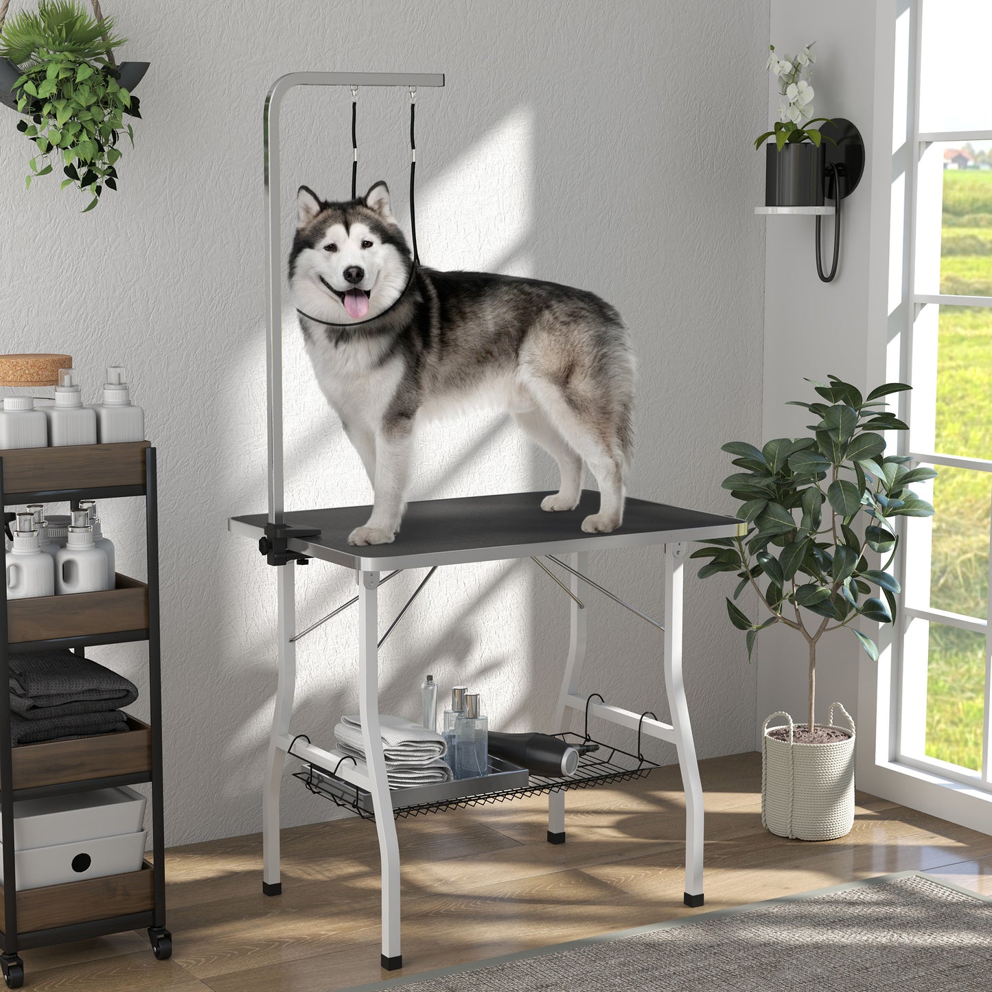 Dog Grooming Table w/ Adjustable Arm, Mesh Tray, Two Nooses, Rubber Surface, 35" x 24" x 30", Black Dog Grooming Tables at Gallery Canada