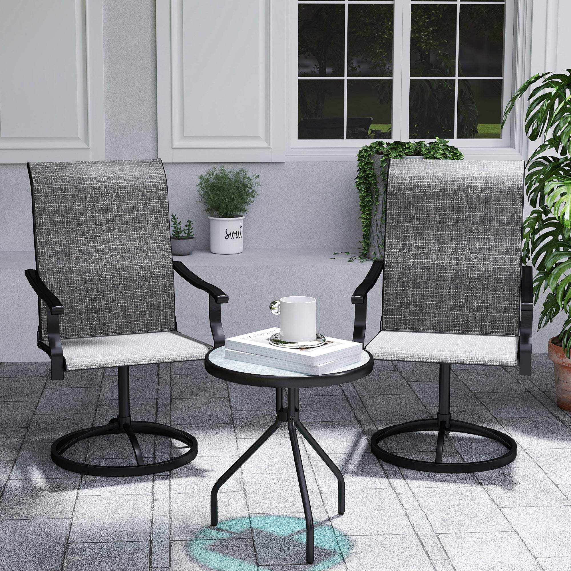 Outdoor Swivel Dining Chairs Set of 2, High Back Swivel Chairs with All Weather Mesh for Deck, Backyard, Poolside, Grey Patio Chairs at Gallery Canada