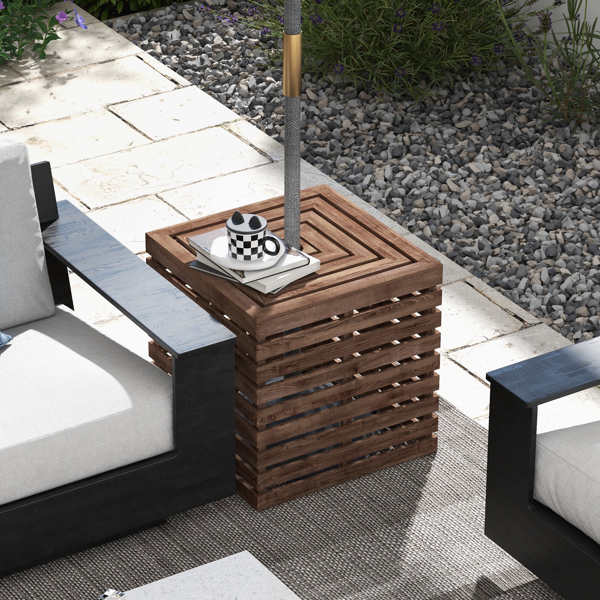 2-in-1 Outdoor Umbrella Base Storage Box Wooden Patio Side Table, Brown Patio Storage Boxes at Gallery Canada