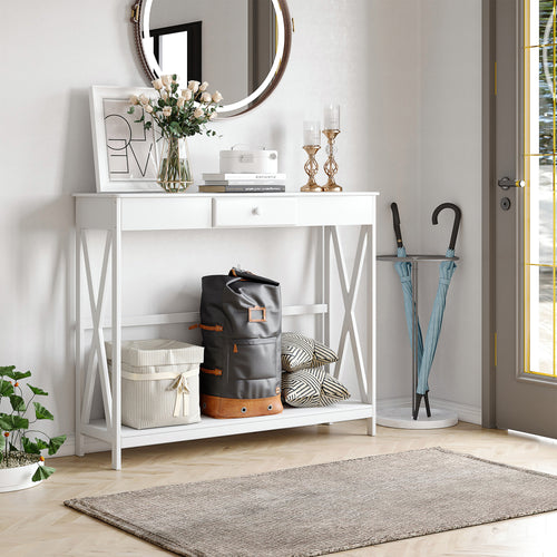 2 Tier X-Design Console Table Sofa Side Table w/ Drawer and Storage Shelf for Living Room Entryway, White