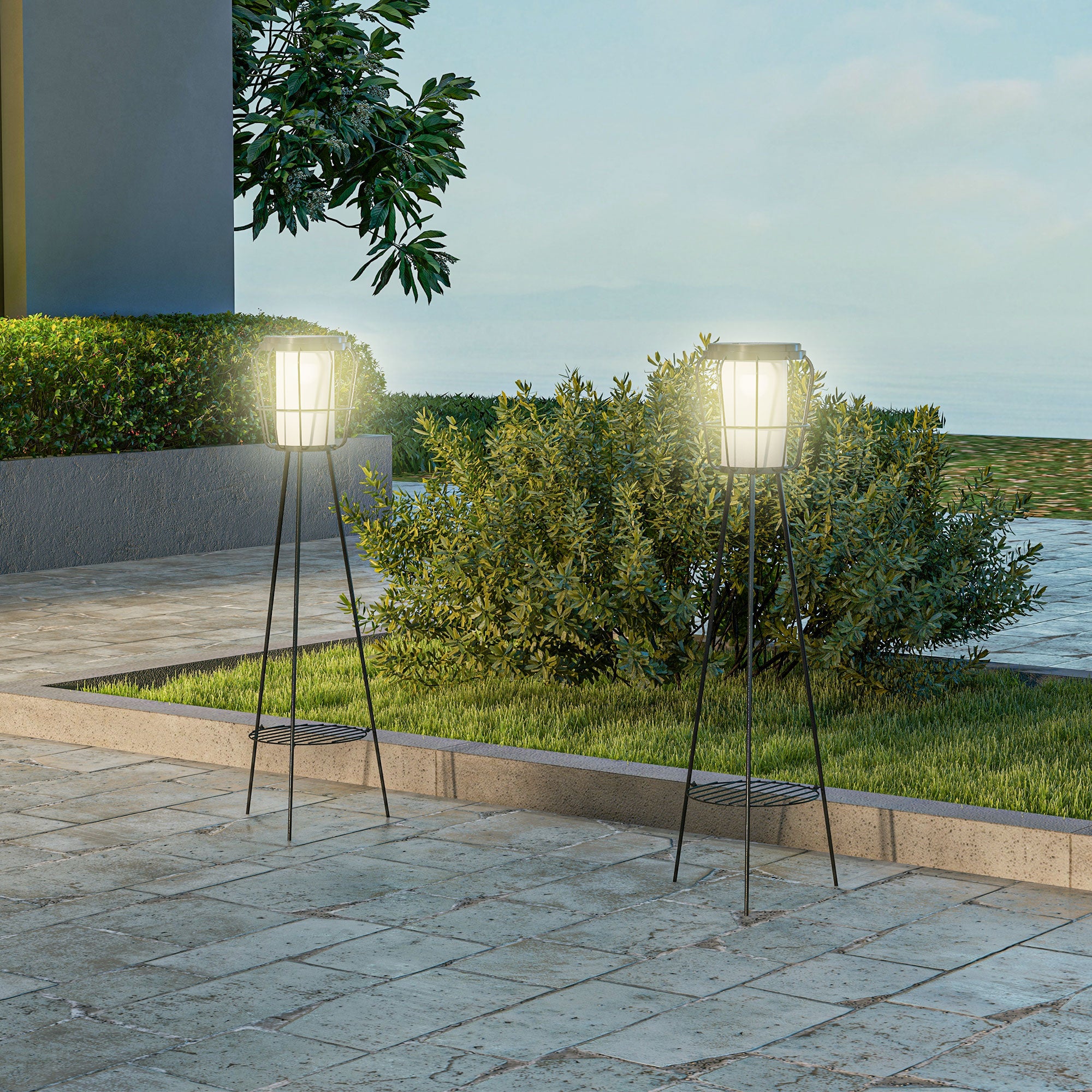 Set of 2 Solar or USB Rechargeable Lamp Set LED Accent Lantern Light with Bottom Shelf for Garden Porch Lawn Solar Post Lamps at Gallery Canada