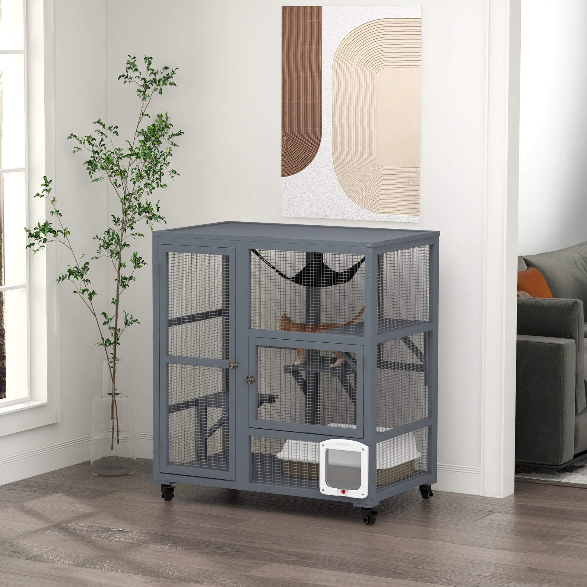 Cat Condo Wooden Indoor Cat House on Wheels with Cat Flap Door Platforms Hammock Openable Top for 2 Cats, Light Grey Outdoor Cat Enclosures   at Gallery Canada